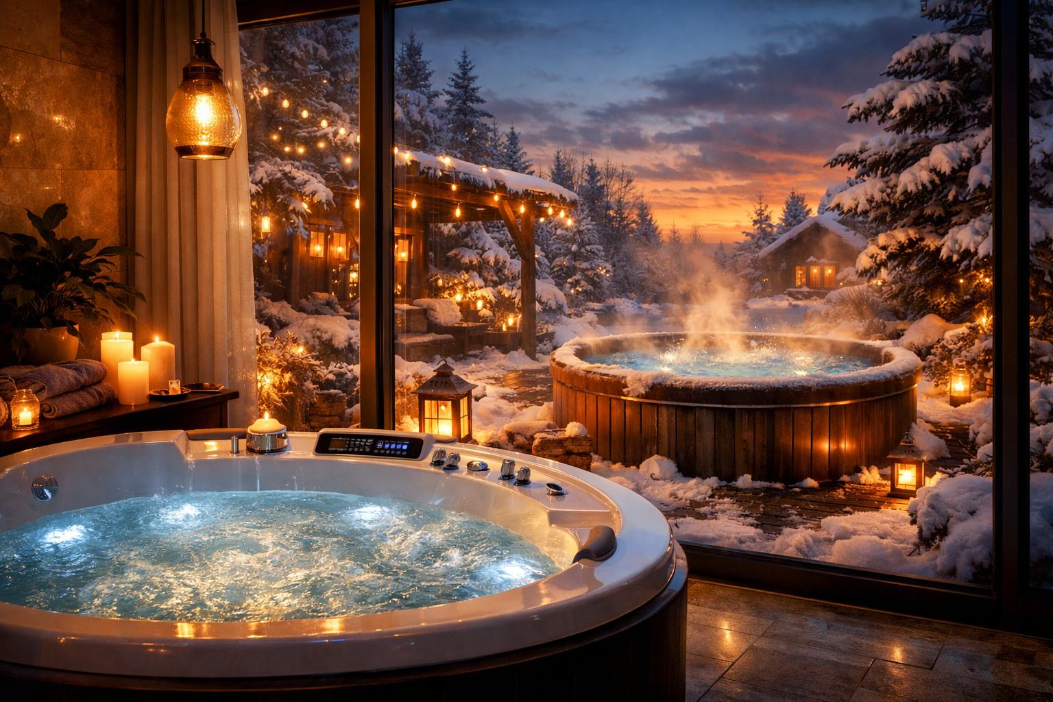 Atmosphärische Szenerie mit Outdoor und Indoor Whirlpool