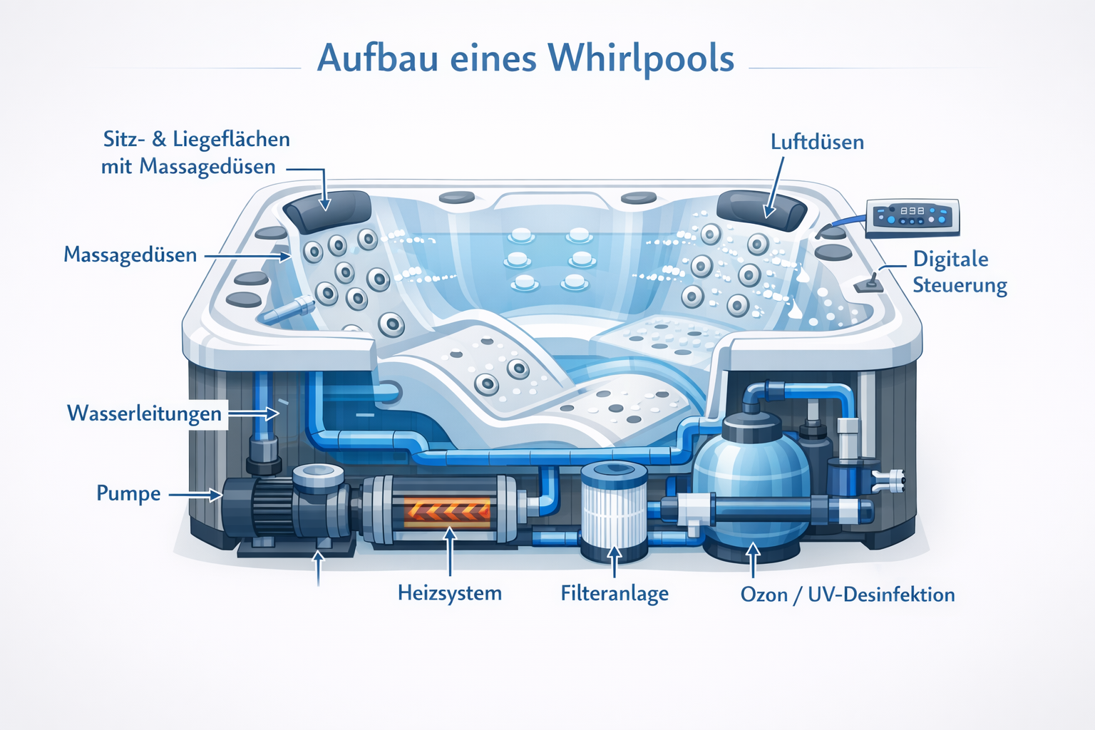 Aufbau eines Whirlpools mit Darstellung von Düsen, Pumpe, Filter und Heizung