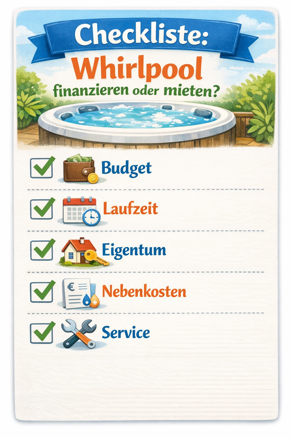 Checkliste zur Entscheidung zwischen Whirlpool Finanzierung und Miete