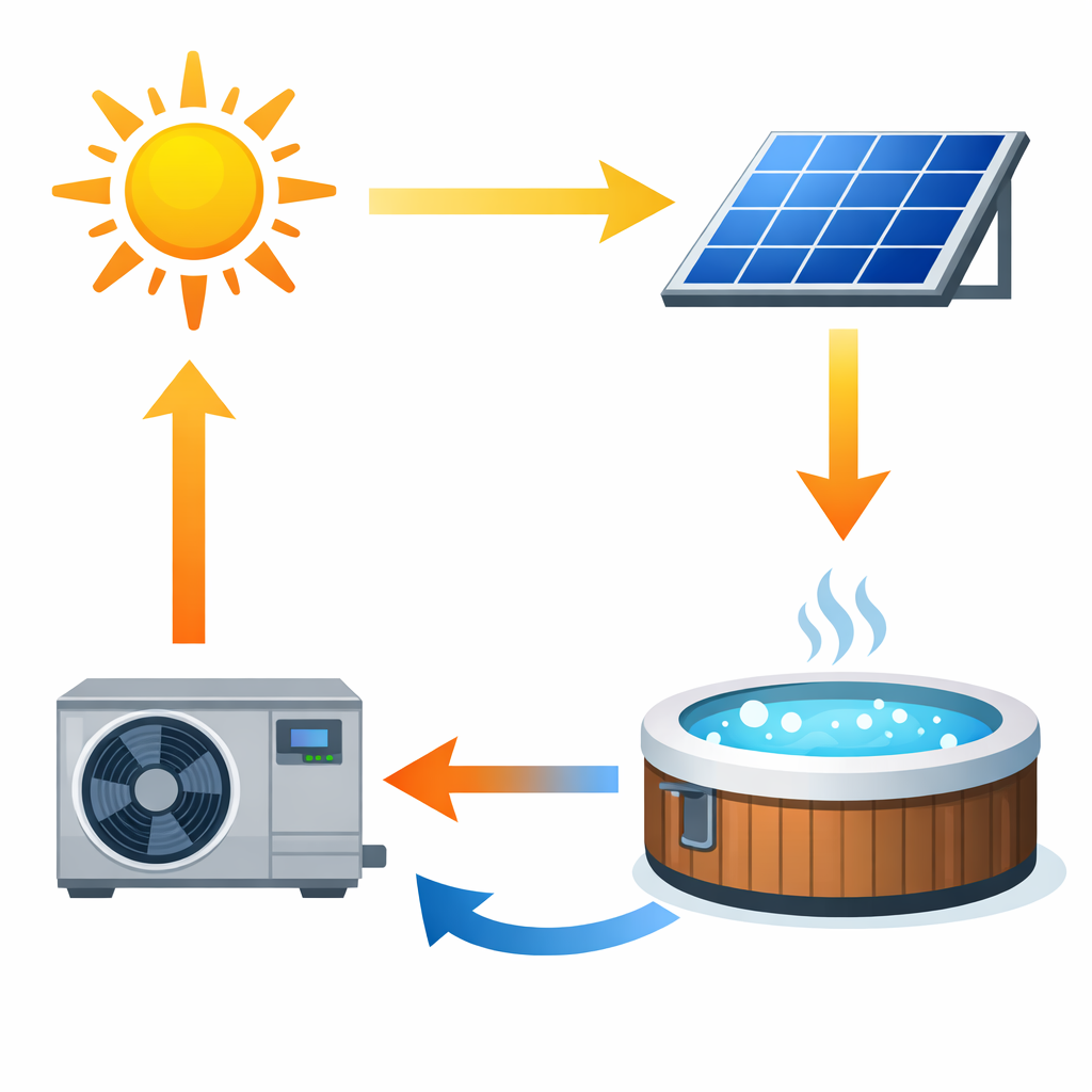 Schema aus Sonne, Solarpanel, Wärmepumpe und Whirlpool