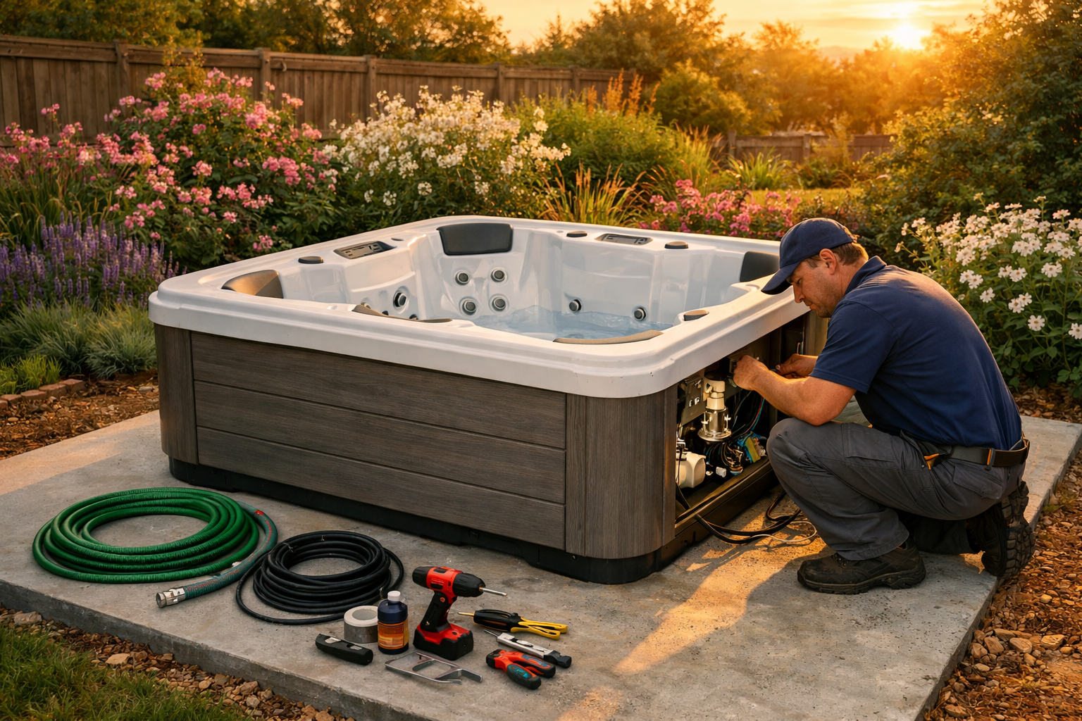 Installation eines modernen Outdoor-Whirlpools im Garten