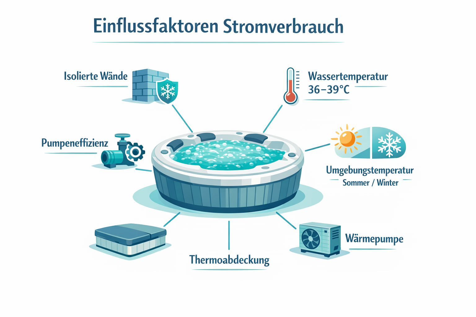Infografik zu den wichtigsten Einflussfaktoren auf den Stromverbrauch eines Whirlpools