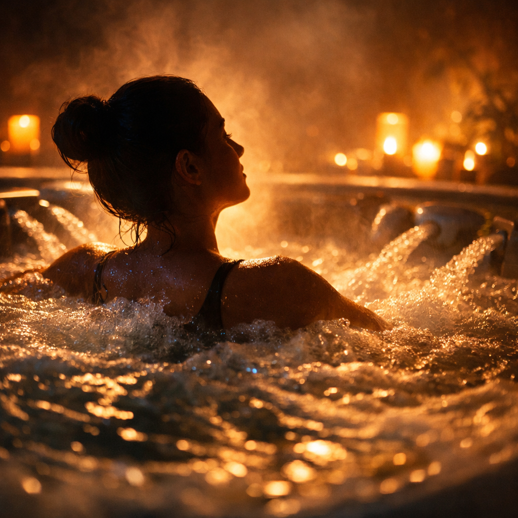 Frau entspannt im Whirlpool bei wohltuender Hydrotherapie