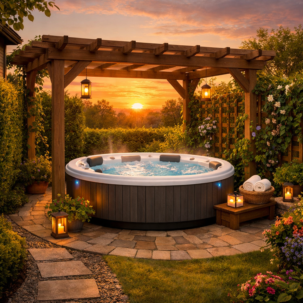 Illustration eines idealen Aufstellorts für einen Whirlpool im Garten