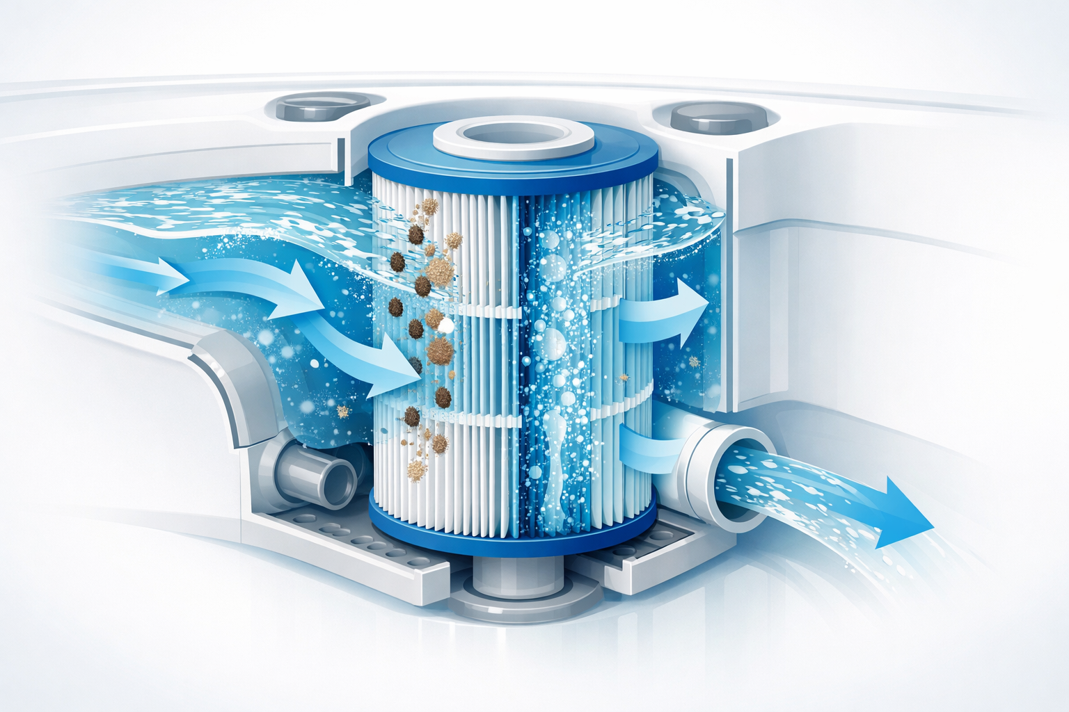 Illustration eines Whirlpool-Filtersystems mit Filterkartusche und Wasserstrom
