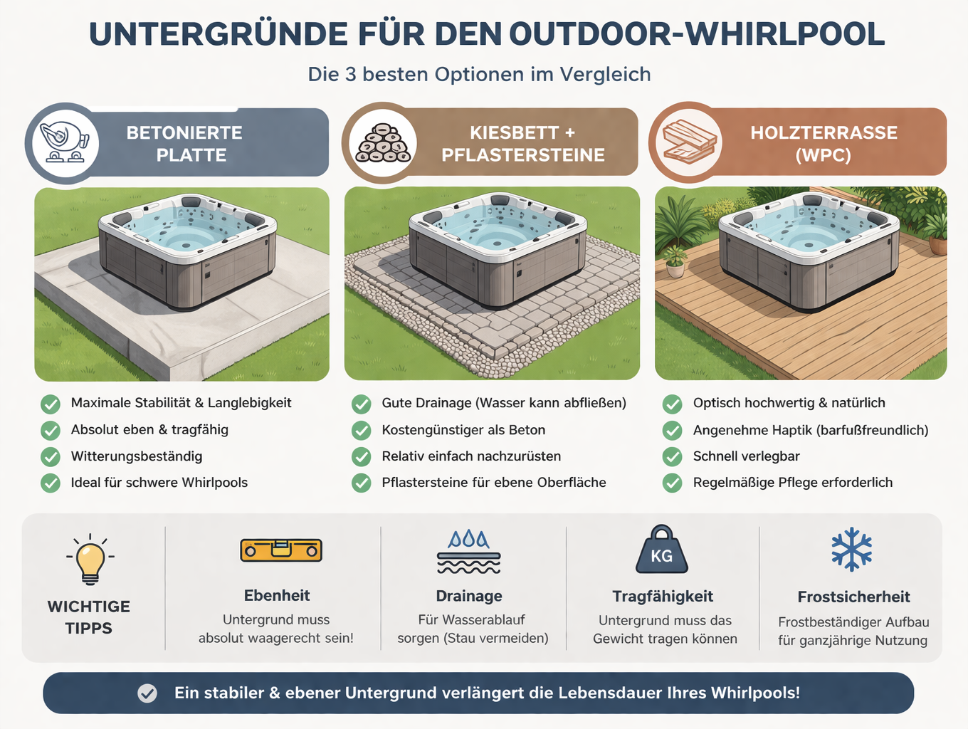 Infografik zu geeigneten Untergründen für einen Whirlpool