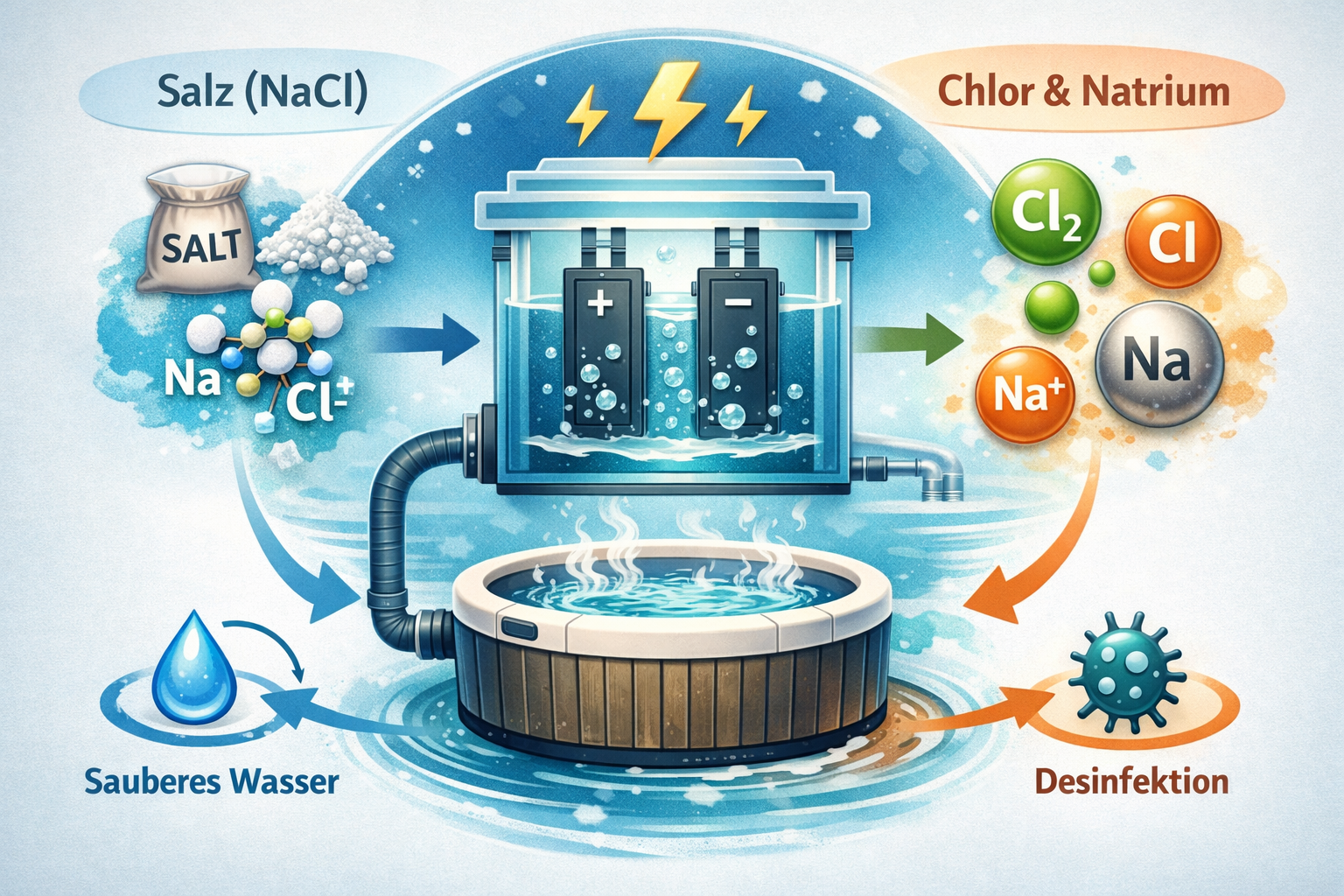 Infografik zum Elektrolyseprozess im Salzwasser-Whirlpool