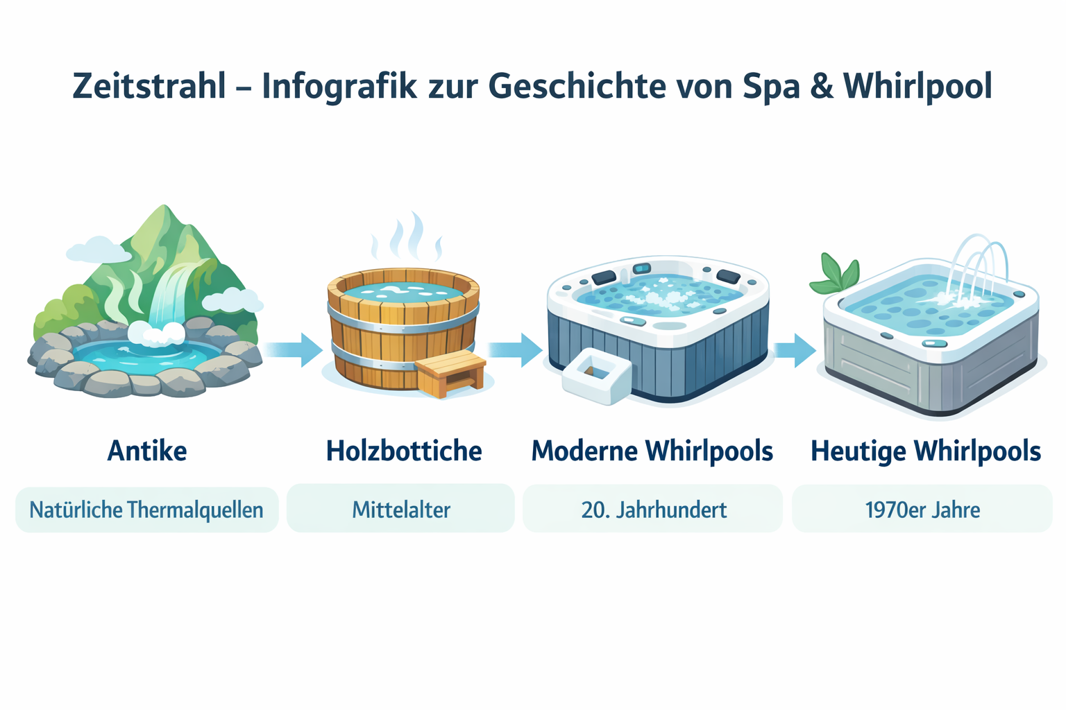 Infografik zur Geschichte von Spa, Hot Tub, Whirlpool und Jacuzzi