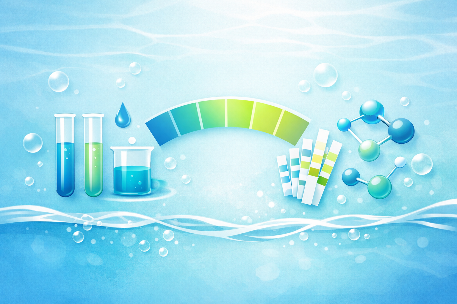 Infografik zur Wasserchemie im Whirlpool mit pH-Wert, Teststreifen und Wasseranalyse