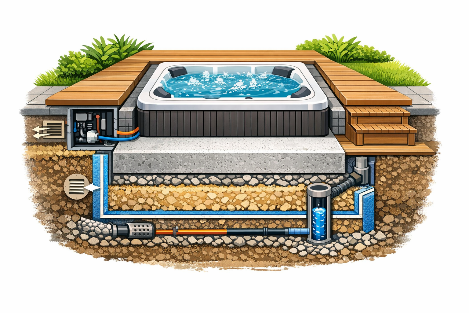 Querschnitt eines Whirlpool-Einbaus mit Fundament, Drainage und Technik