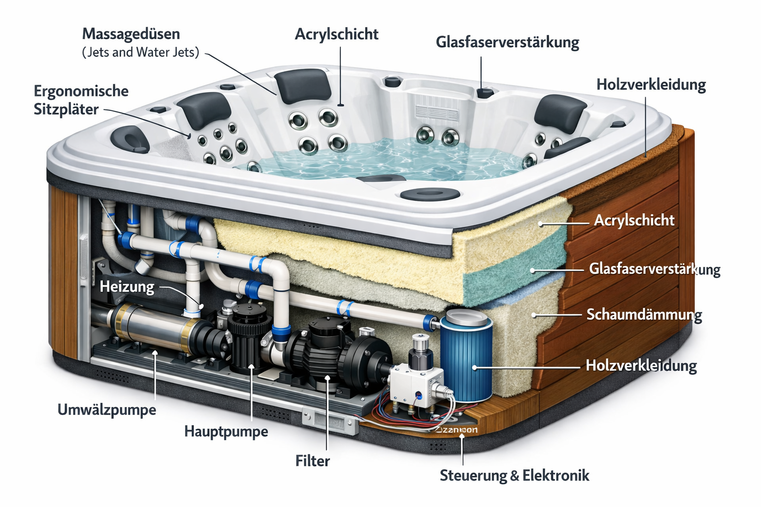 Querschnitt eines modernen Whirlpools mit Materialschichten und Aufbau