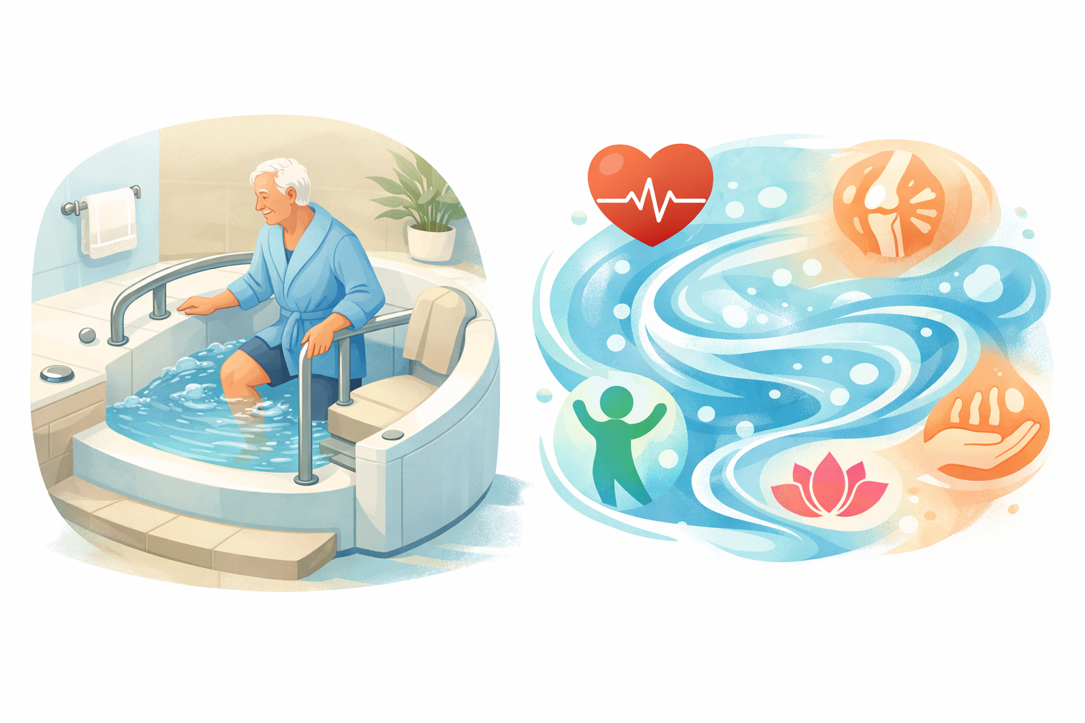 Senior steigt sicher mit Handlauf in einen Whirlpool ein