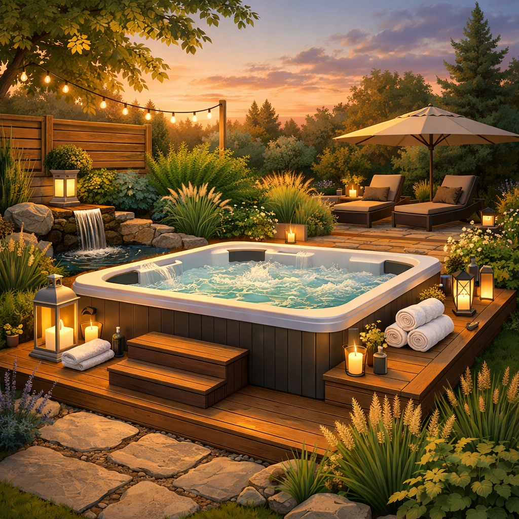 Stimmungsvolle Garten-Szene mit eingelassenem Whirlpool
