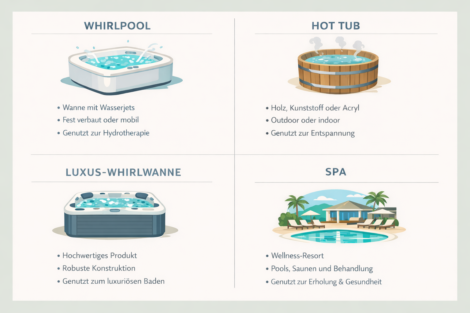 Vergleichsgrafik zu Whirlpool, Hot Tub, Spa und Jacuzzi