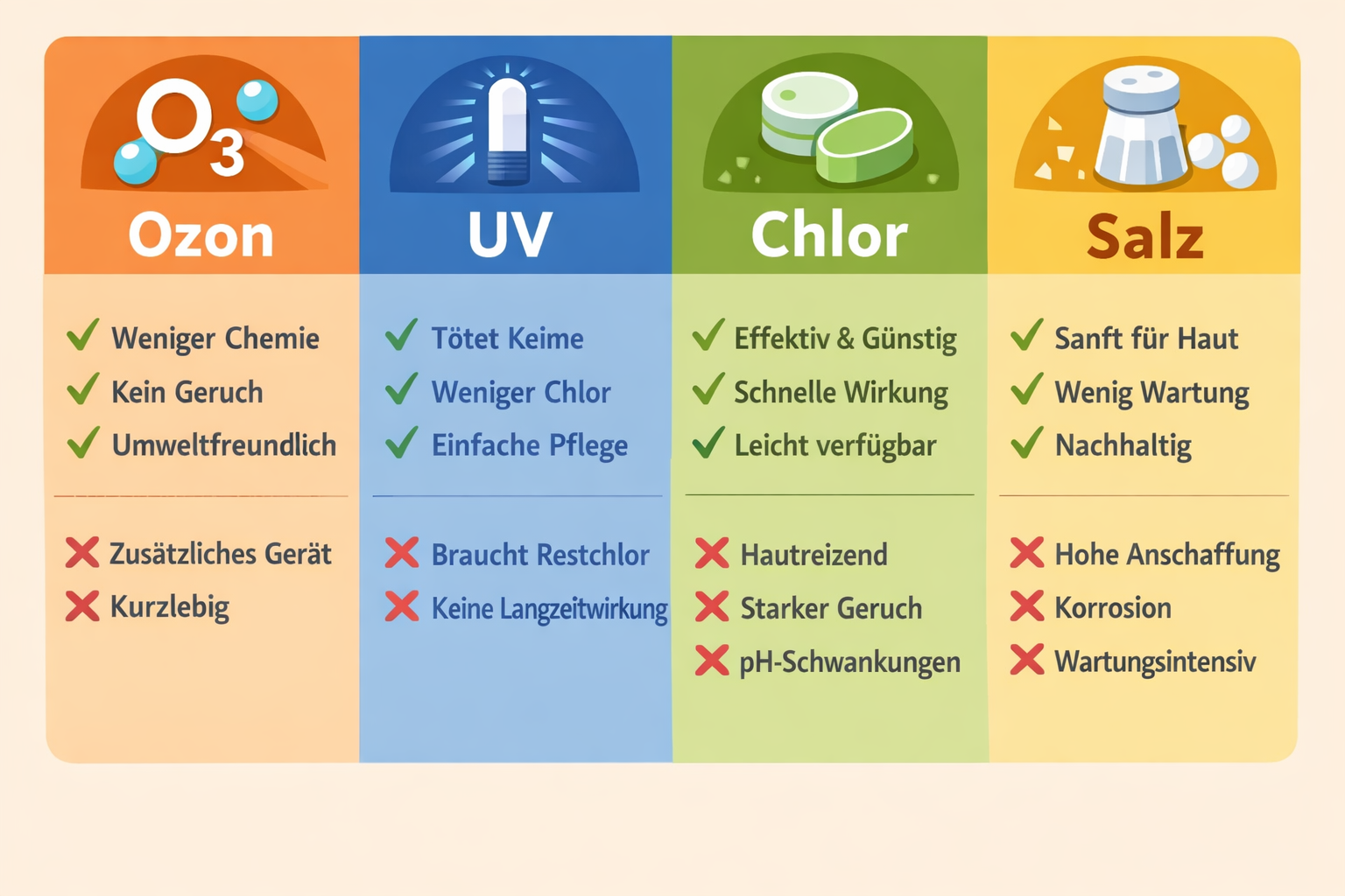Vor- und Nachteile von Ozon, UV, Chlor und Salz im Vergleich