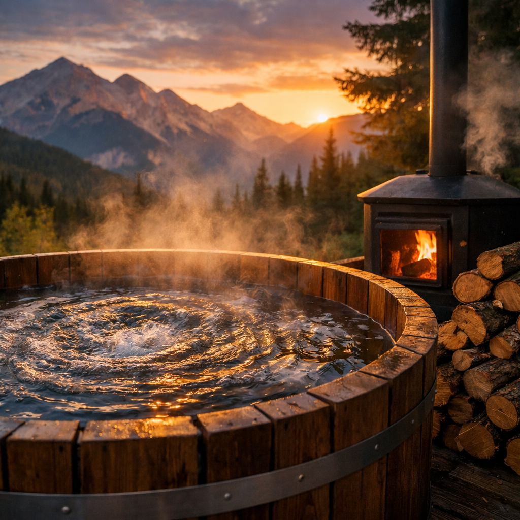 Whirlpool mit Holzofen in Berglandschaft