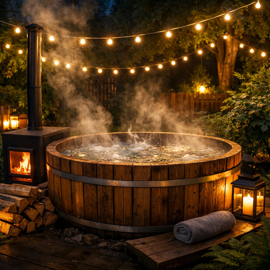 Whirlpool mit Beleuchtung im Garten und Holzofen