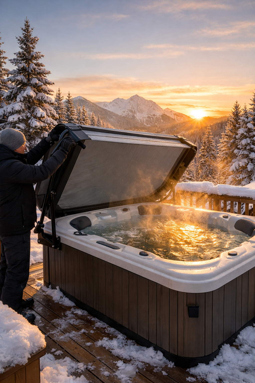Winterlicher Whirlpool mit geschlossener Abdeckung im Außenbereich