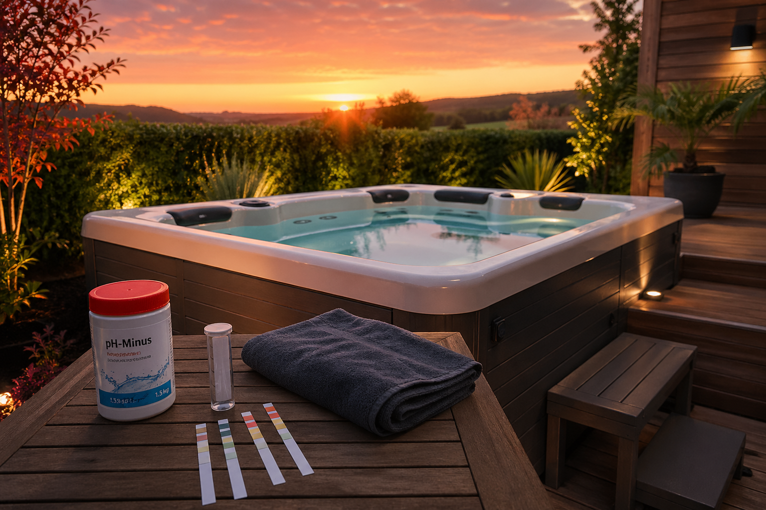 Outdoor Whirlpool bei Sonnenuntergang mit klarem Wasser