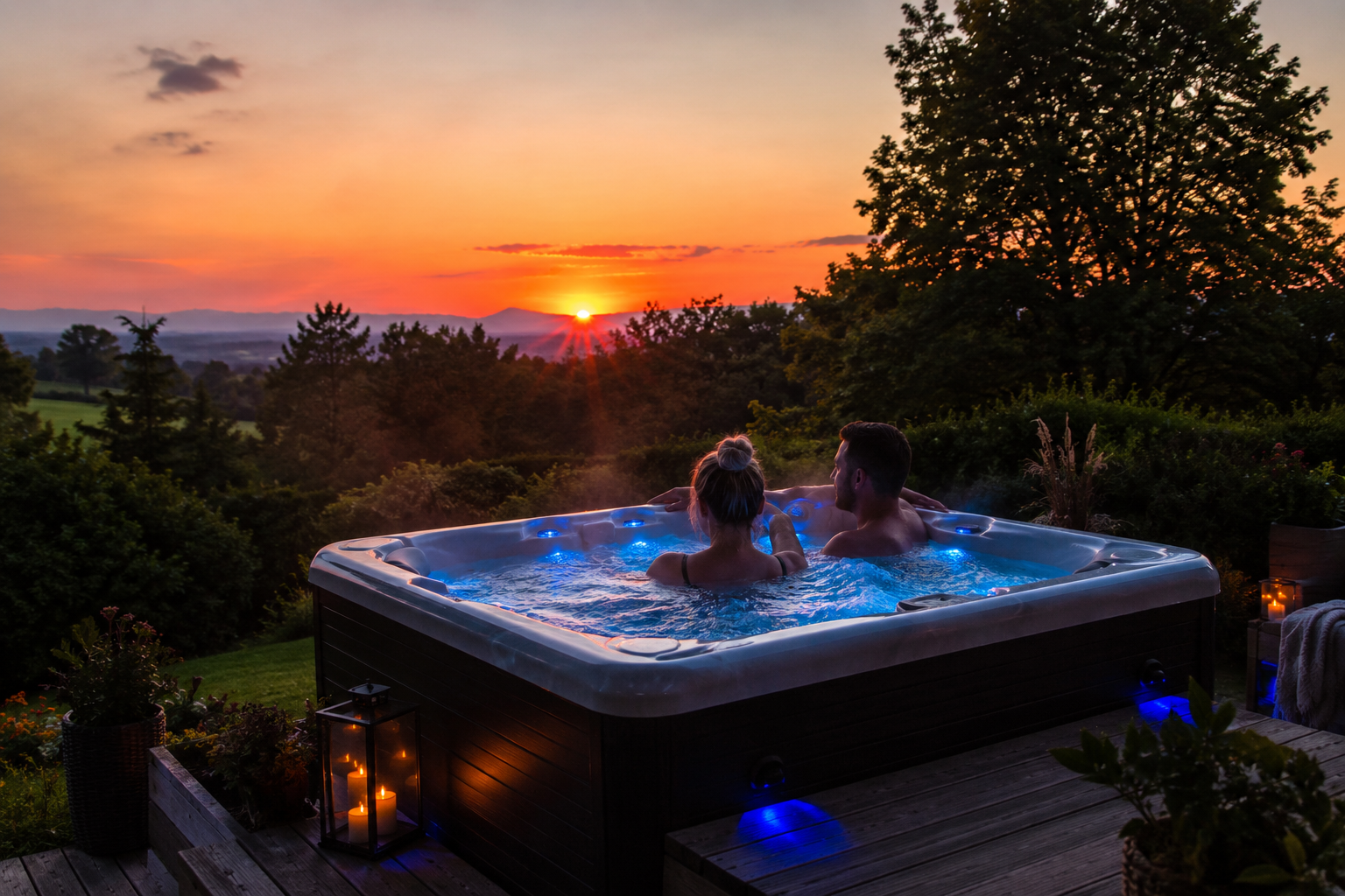 Entspannender Whirlpool im Garten bei Sonnenuntergang
