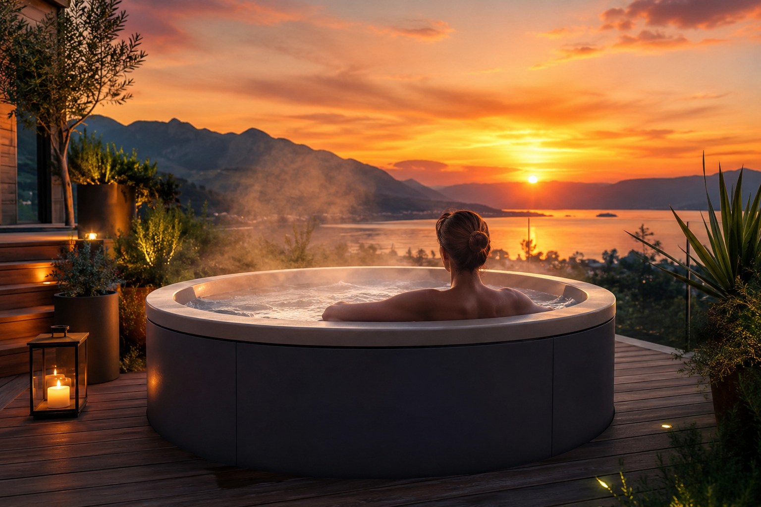 Moderner Outdoor-Whirlpool bei Sonnenuntergang