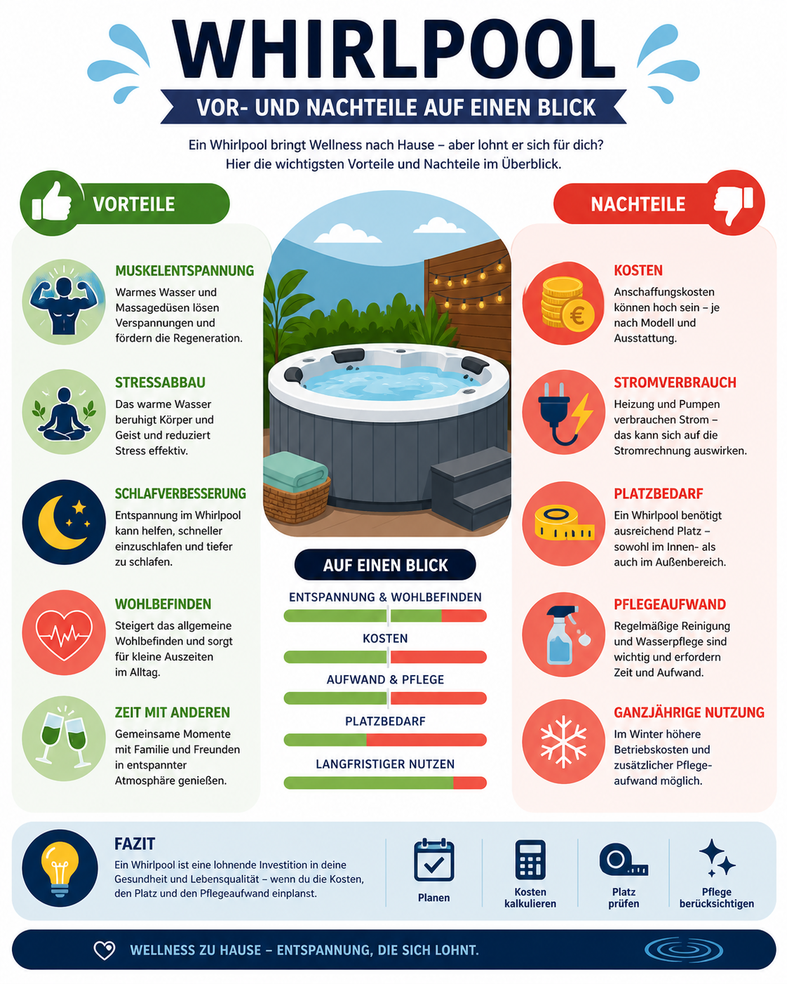 Infografik zu Kosten, Energieverbrauch und Vorteilen von Whirlpools