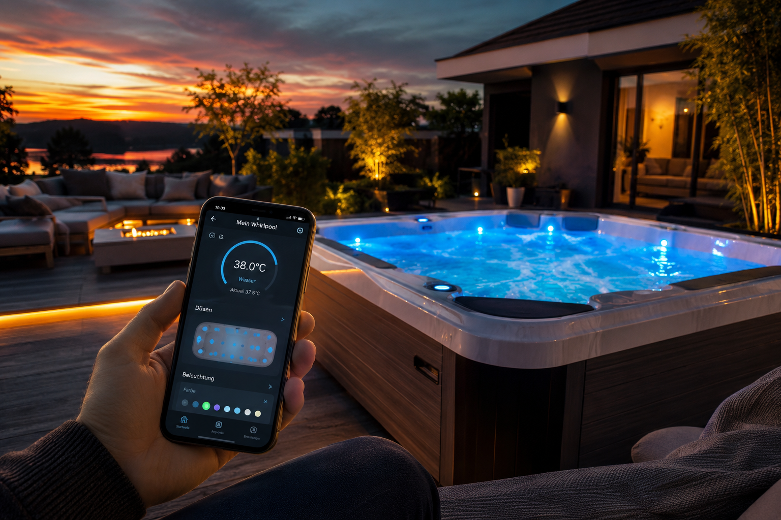 Whirlpool mit App-Steuerung auf der Terrasse