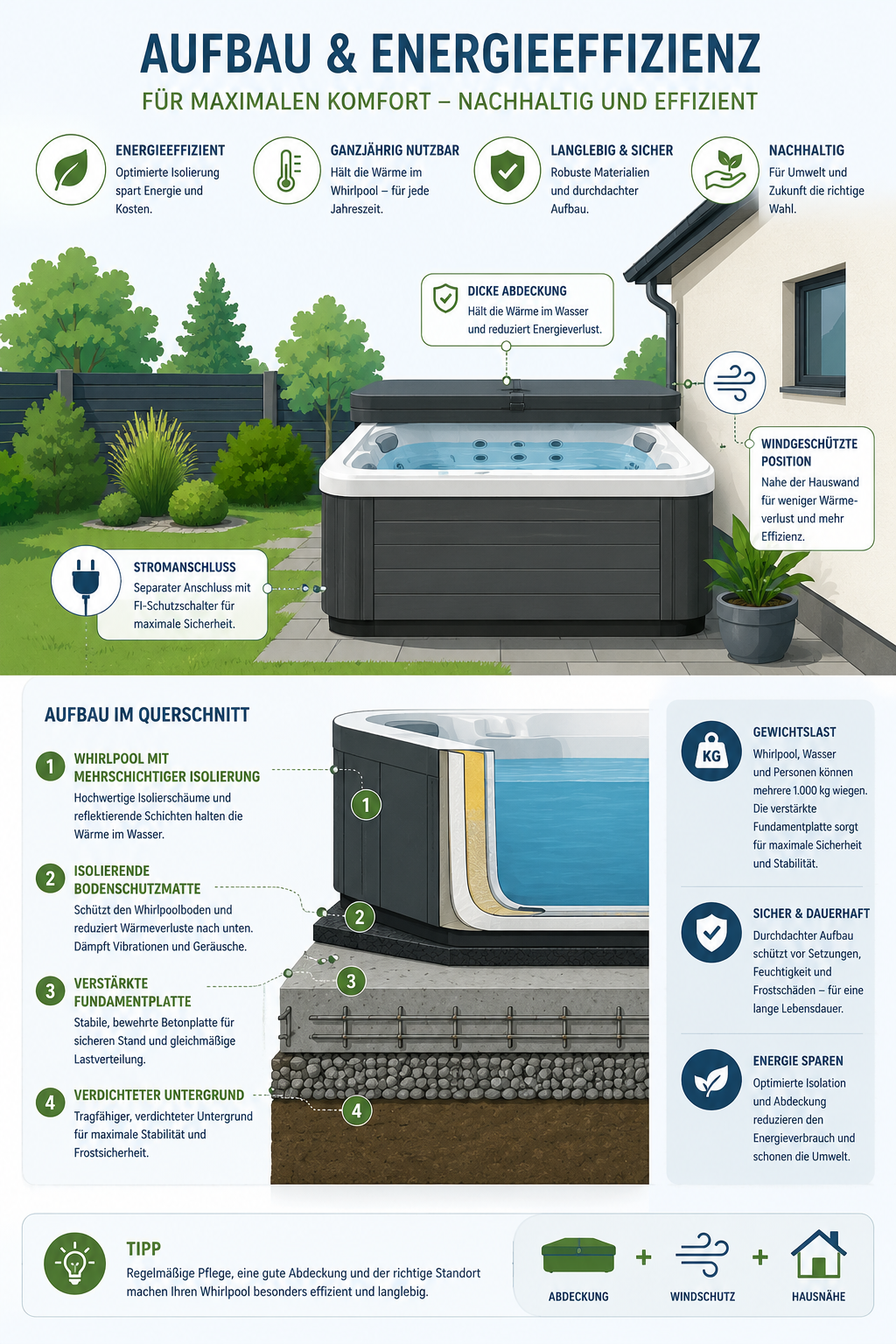 Energieeffizienter Whirlpoolaufbau mit Isolierung und Bodenschutz