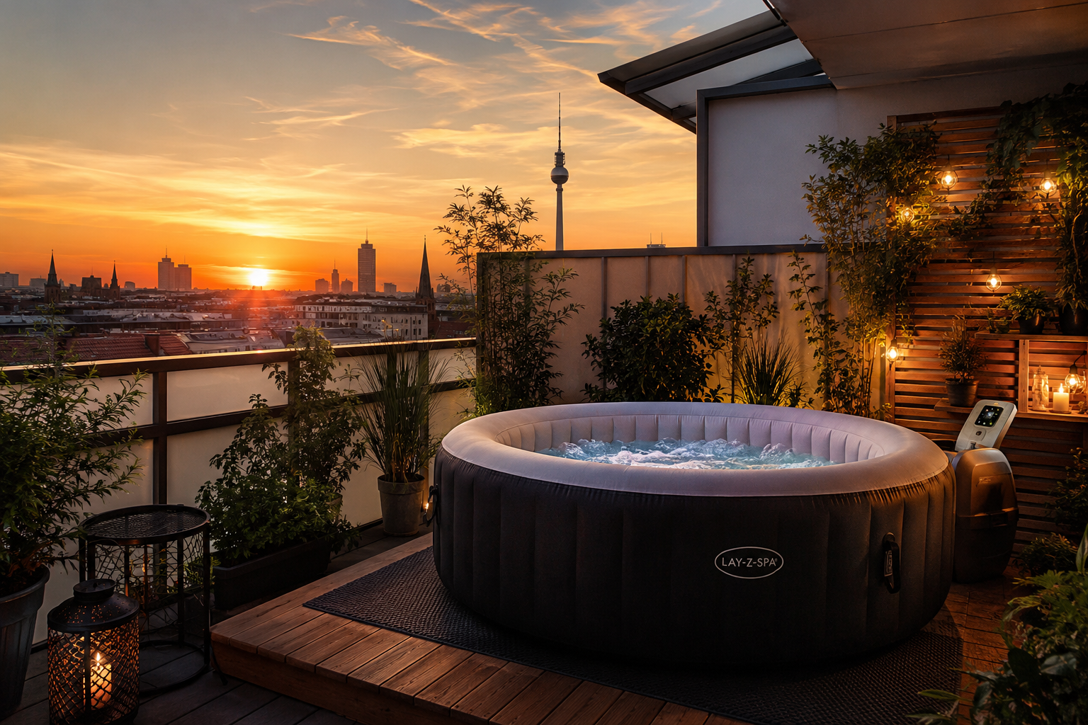 Gemütliche Dachterrasse mit Whirlpool bei Sonnenuntergang