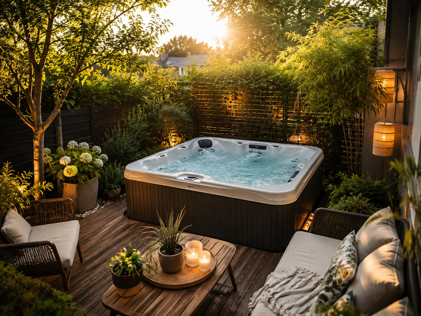 Kleine Terrasse mit Whirlpool bei Sonnenuntergang